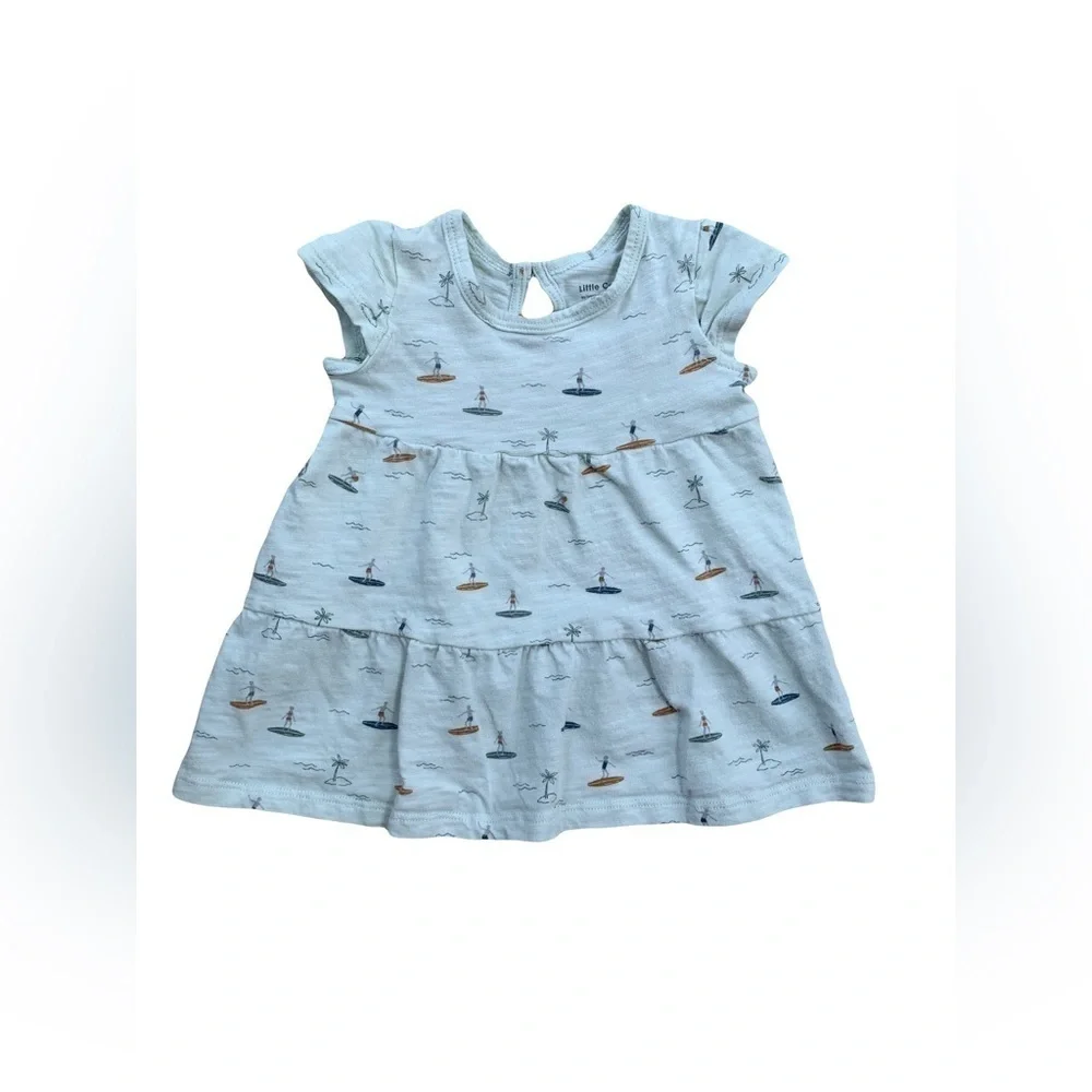 Little Co. Size 3 Months Organic Short-Sleeve Tiered Dress In Mint Surf Print
